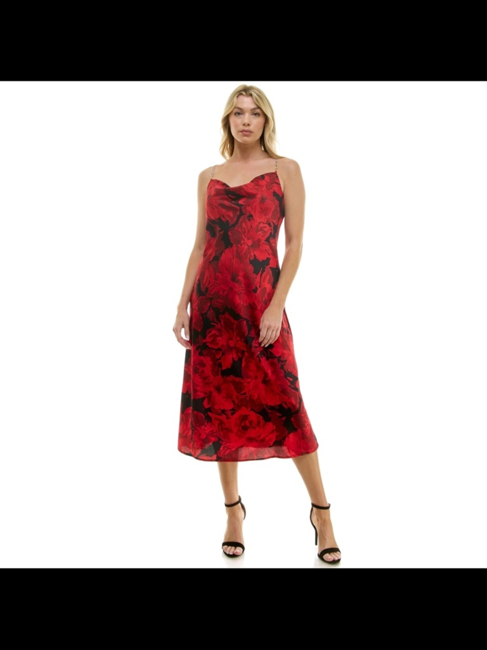 Sara Michelle Red Black Floral Slip Midi Dress Gold Chain Straps Large NWT